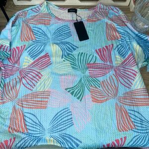 Multicolor Floral-Print Short Sleeve Blouse - Aqua